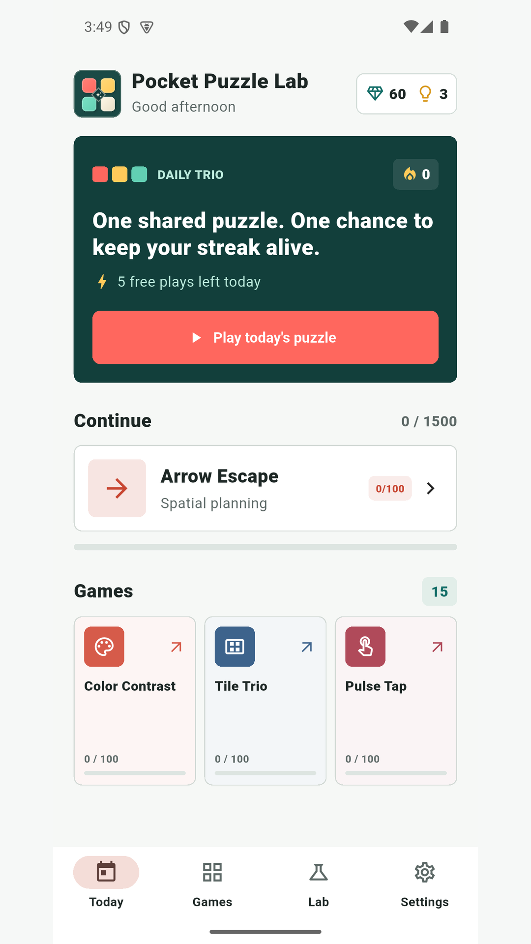 Pocket Puzzle Lab home screen